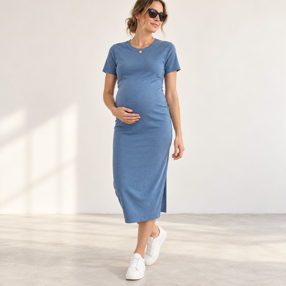Hatch Softsculpt Knit Eliza Maternity Dress Blue Short Sleeve Midi Size 2